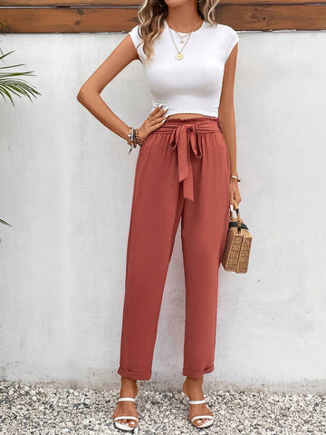 Frenchy High Waist Paperbag Waist Belted Pants