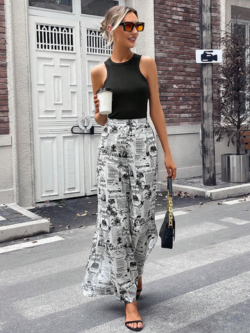 Newspaper Print Wide Leg Pants
