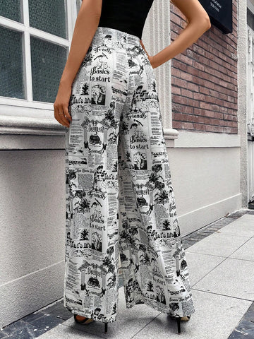 Newspaper Print Wide Leg Pants
