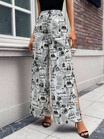 Newspaper Print Wide Leg Pants