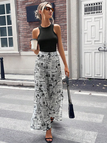 Newspaper Print Wide Leg Pants