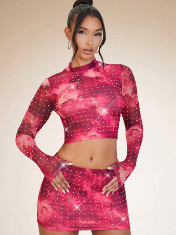 Tie Dye Rhinestone Crop Mesh Top & Bodycon Skirt