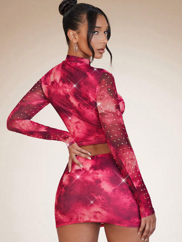 Tie Dye Rhinestone Crop Mesh Top & Bodycon Skirt