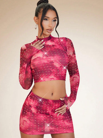 Tie Dye Rhinestone Crop Mesh Top & Bodycon Skirt