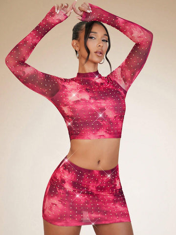 Tie Dye Rhinestone Crop Mesh Top & Bodycon Skirt