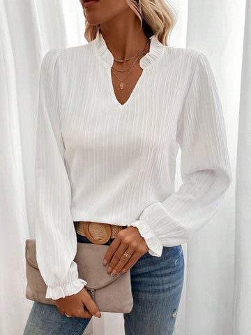 Notched Neckline Flounce Sleeve Blouse