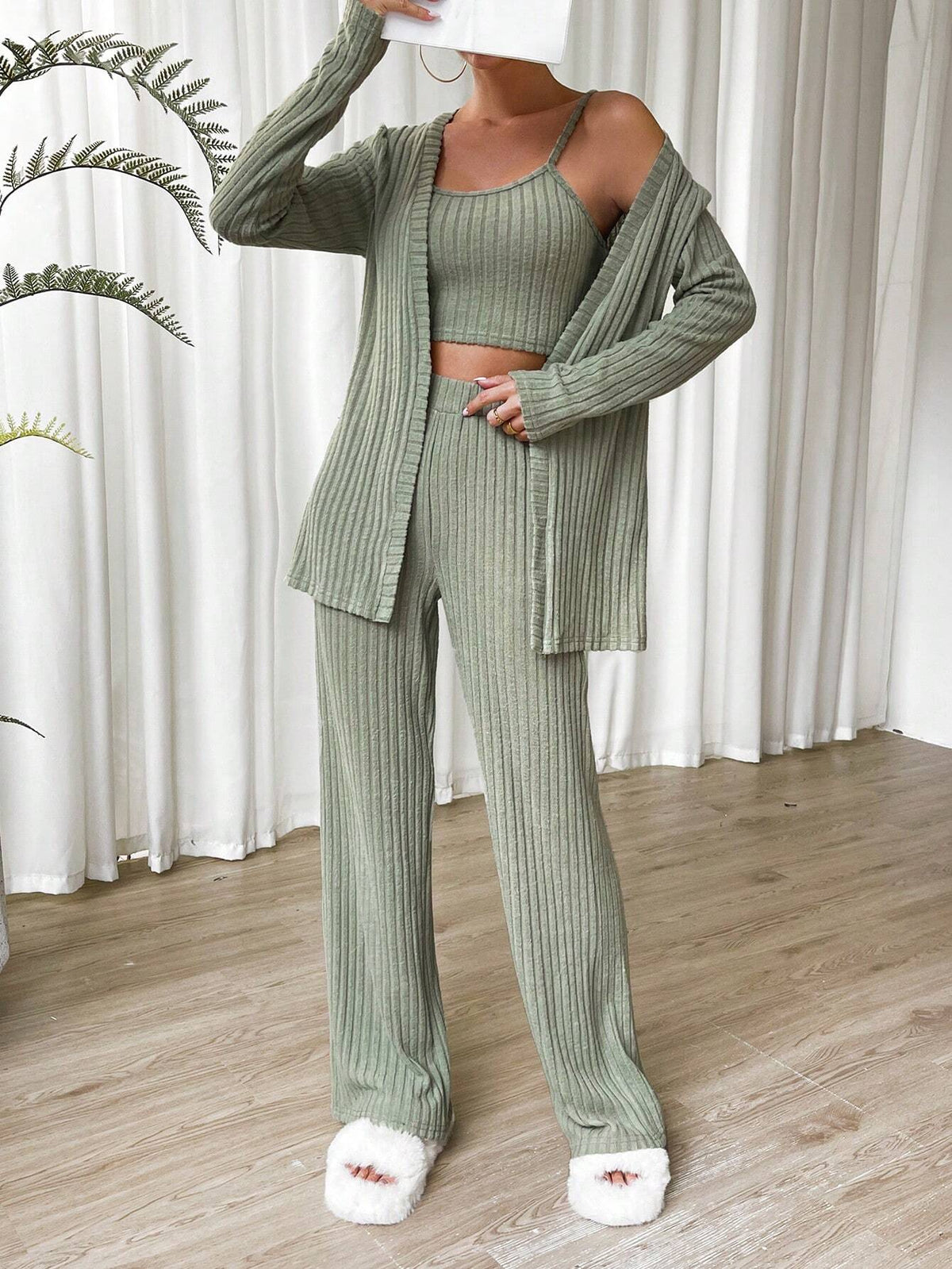 Solid Cami Top & Pants & Coat