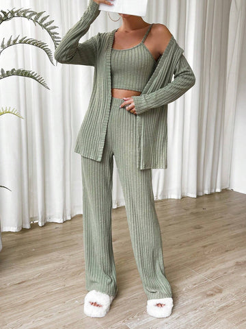 Solid Cami Top & Pants & Coat