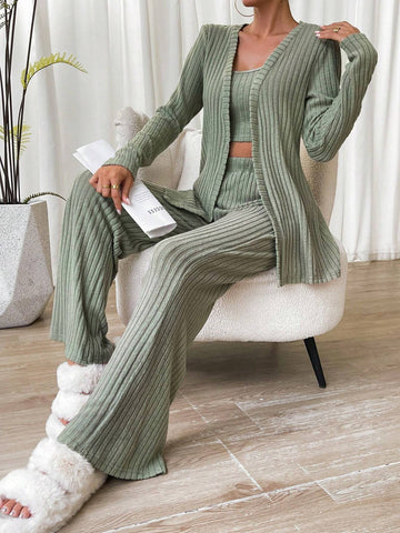 Solid Cami Top & Pants & Coat