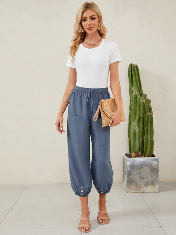 EMERY ROSE Tie Waist Button Detail Capri Pants