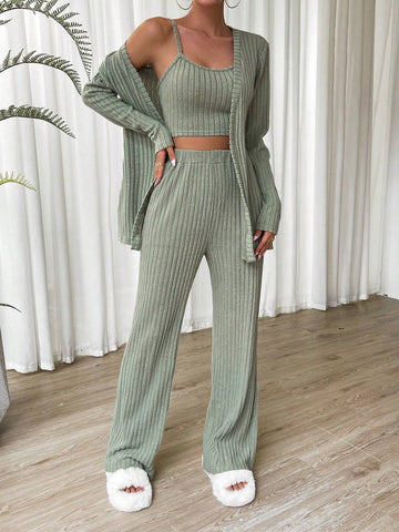 Solid Cami Top & Pants & Coat