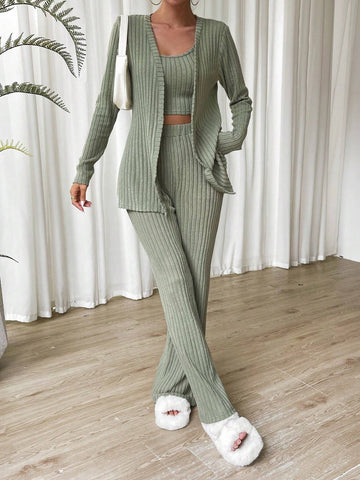 Solid Cami Top & Pants & Coat