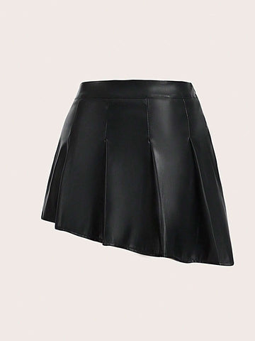 EZwear Solid PU Leather Pleated Skirt
