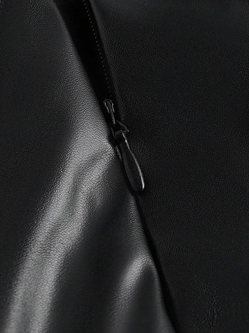 EZwear Solid PU Leather Pleated Skirt