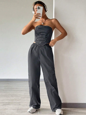Solid Ruched Bandana Tube Top & Pants