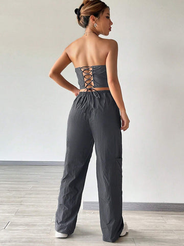 Solid Ruched Bandana Tube Top & Pants