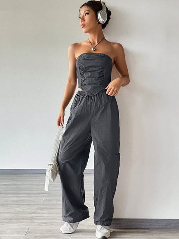 Solid Ruched Bandana Tube Top & Pants