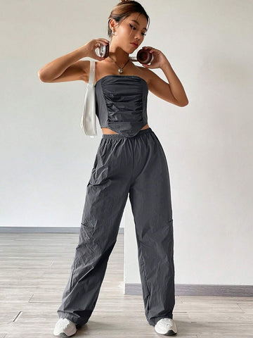 Solid Ruched Bandana Tube Top & Pants