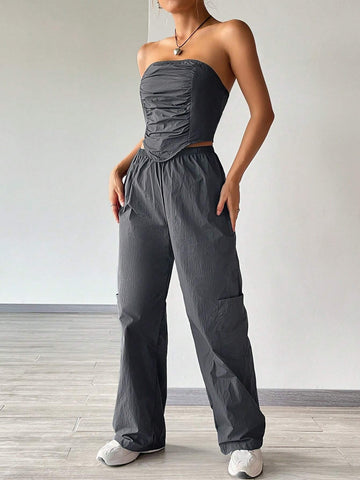 Solid Ruched Bandana Tube Top & Pants