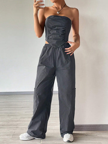 Solid Ruched Bandana Tube Top & Pants