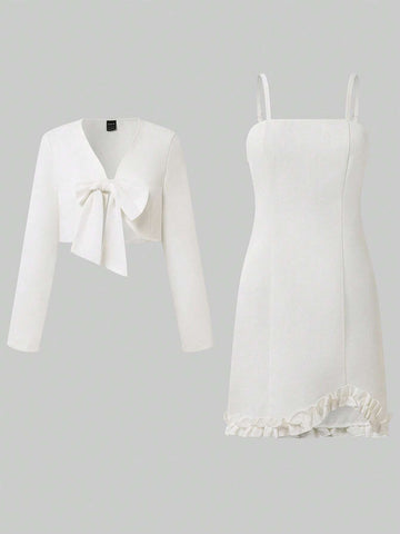 Bow Front Jacket & Frill Trim Cami Dress