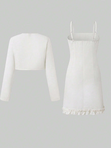 Bow Front Jacket & Frill Trim Cami Dress