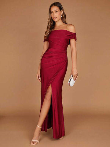 Off Shoulder Ruched Wrap Hem Bridesmaid Dress