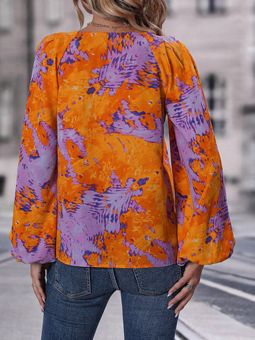 Colorblock Lantern Sleeve Blouse