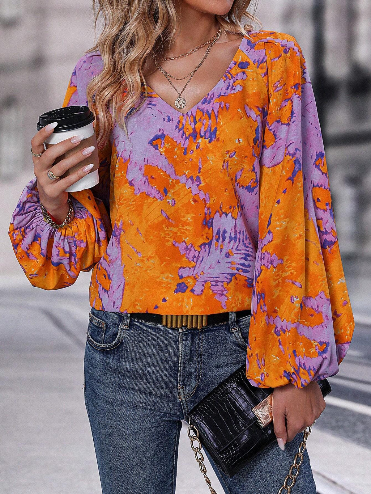 Colorblock Lantern Sleeve Blouse