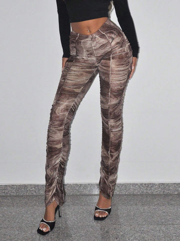ICON Marble Print Ruched Mesh Pants