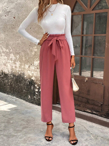 Paperbag Waist Belted Straight Leg Pants