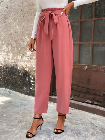 Paperbag Waist Belted Straight Leg Pants