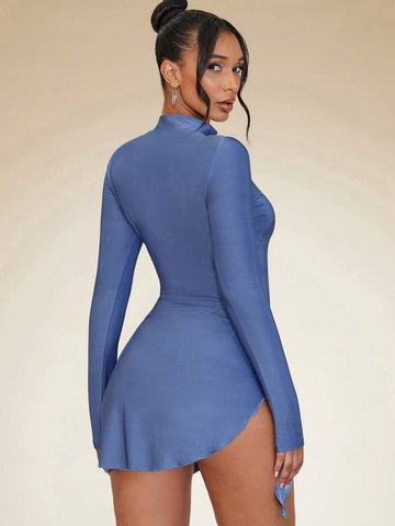 Mock Neck Bodysuit & Knot Side Skirt