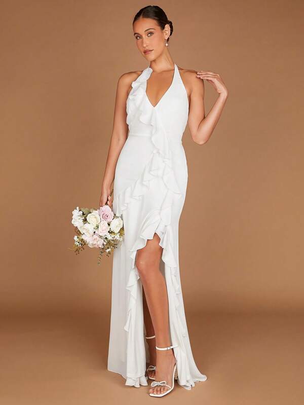 Ruffle Trim Split Thigh Backless Halter Neck Backless Wedding Dress