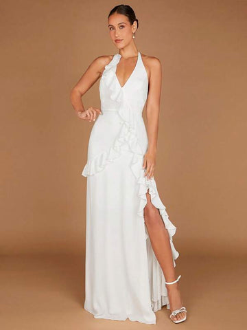 Ruffle Trim Split Thigh Backless Halter Neck Backless Wedding Dress