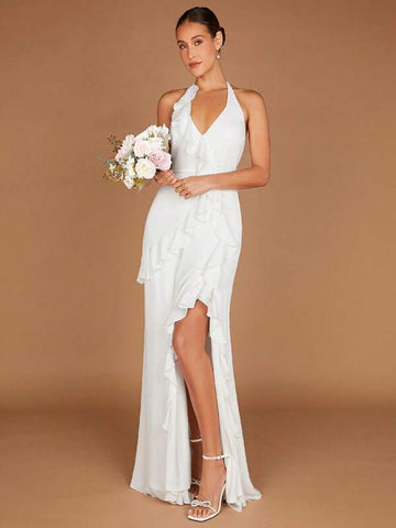 Ruffle Trim Split Thigh Backless Halter Neck Backless Wedding Dress