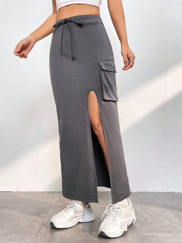 EZwear Flap Pocket Split Thigh Belted Skirt