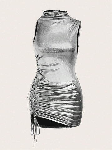 Funnel Neck Drawstring Side Bodysuit & Bodycon Skirt