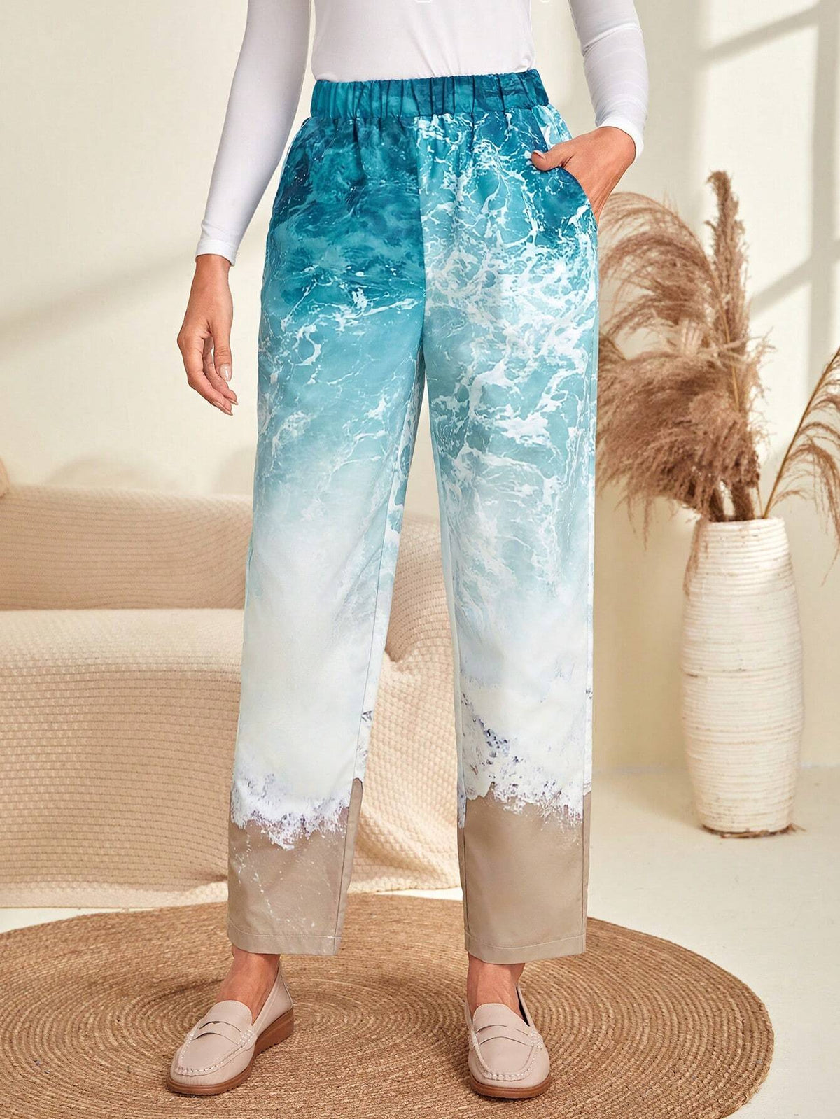 EMERY ROSE Landscape Print Slant Pocket Pants