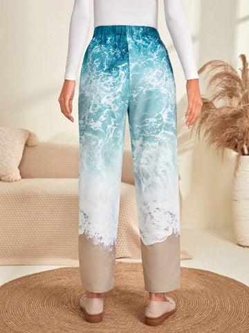 EMERY ROSE Landscape Print Slant Pocket Pants