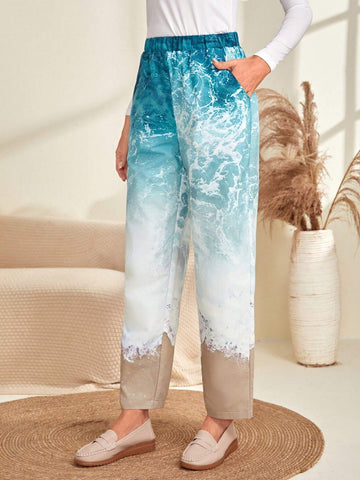 EMERY ROSE Landscape Print Slant Pocket Pants