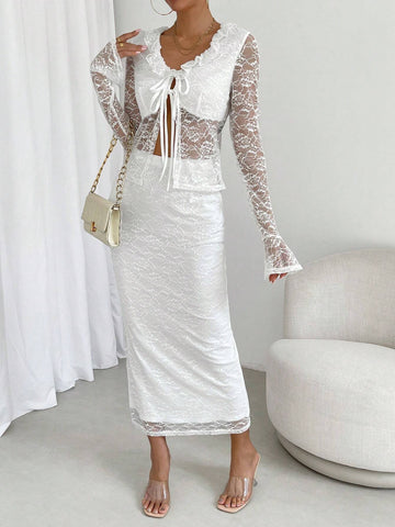 Frill Trim Knot Front Flounce Sleeve Lace Top & Skirt