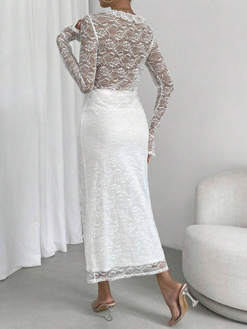 Frill Trim Knot Front Flounce Sleeve Lace Top & Skirt