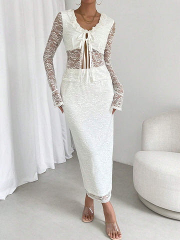 Frill Trim Knot Front Flounce Sleeve Lace Top & Skirt