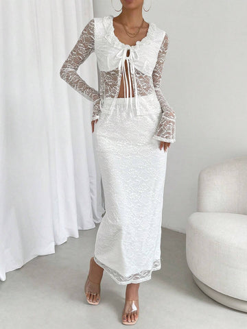 Frill Trim Knot Front Flounce Sleeve Lace Top & Skirt