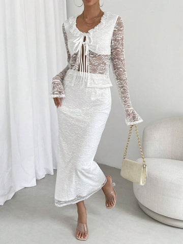 Frill Trim Knot Front Flounce Sleeve Lace Top & Skirt