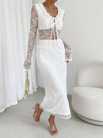 Frill Trim Knot Front Flounce Sleeve Lace Top & Skirt