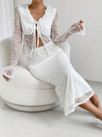 Frill Trim Knot Front Flounce Sleeve Lace Top & Skirt