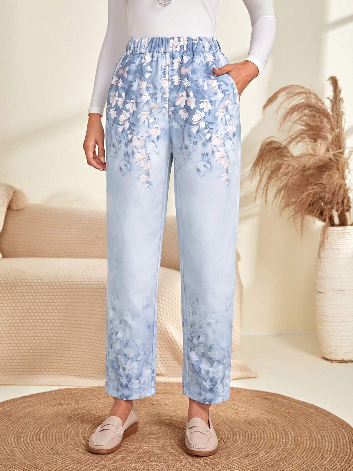 EMERY ROSE Floral Print Slant Pocket Pants
