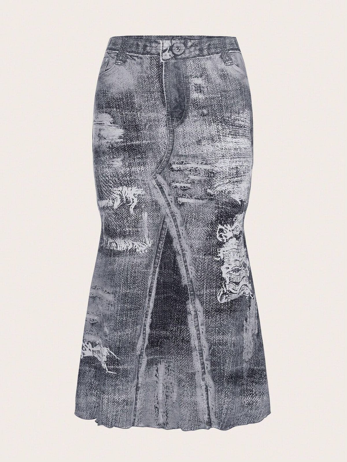 ICON Denim-Effect Print Lettuce Trim Mermaid Hem Skirt